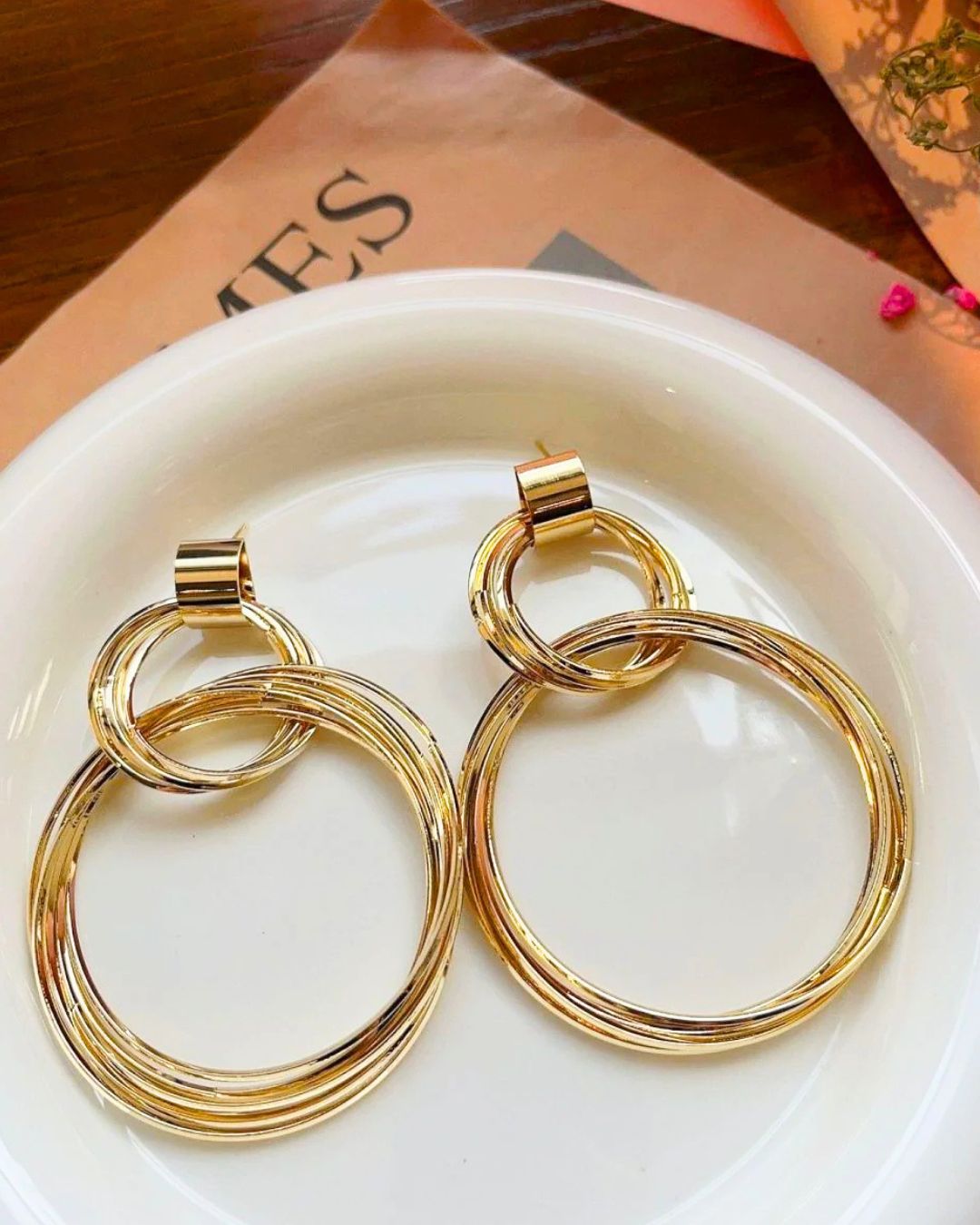 Golden Statement Earrings, Stainless Steel, Geometric, Stud Style Hollow Long Hoop Earrings Statement Jewellery